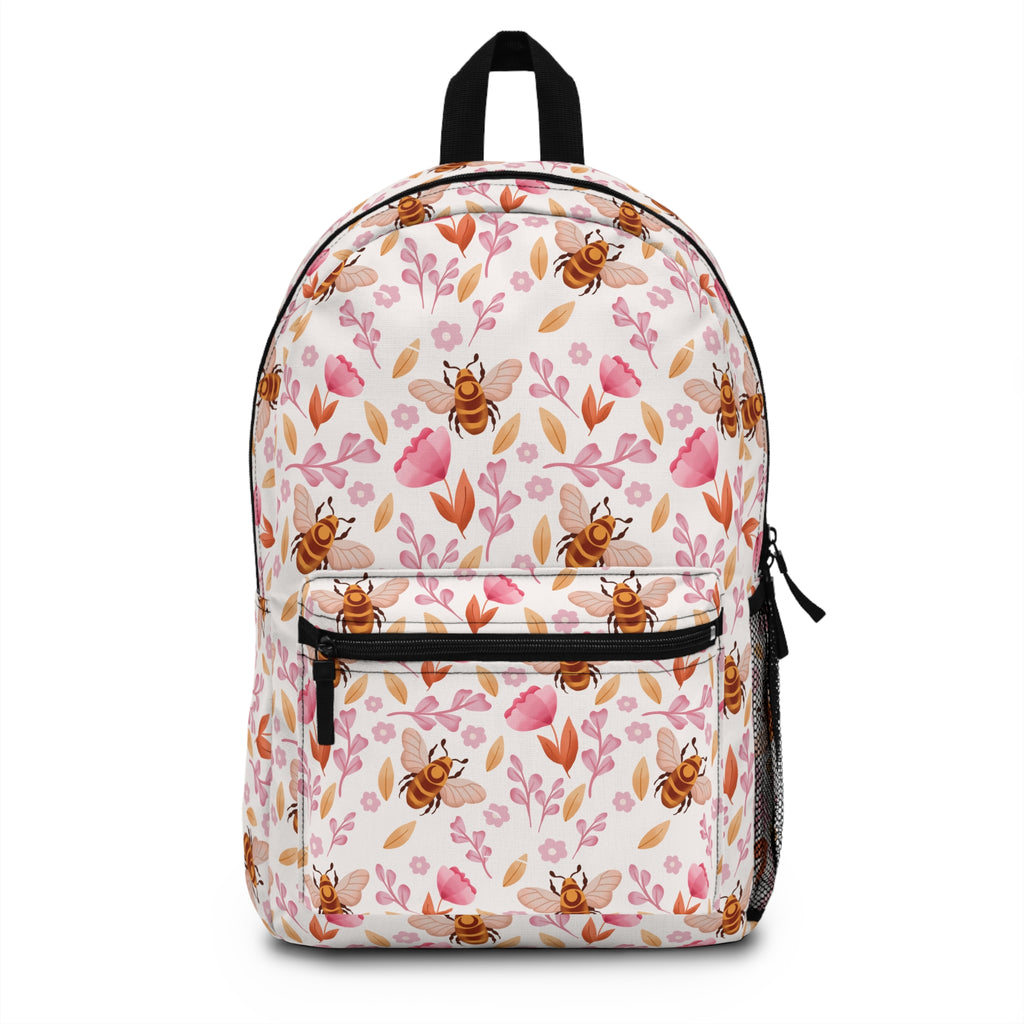 Bee Floral Backpack — Cute Pink Bees & Leaves School Bag