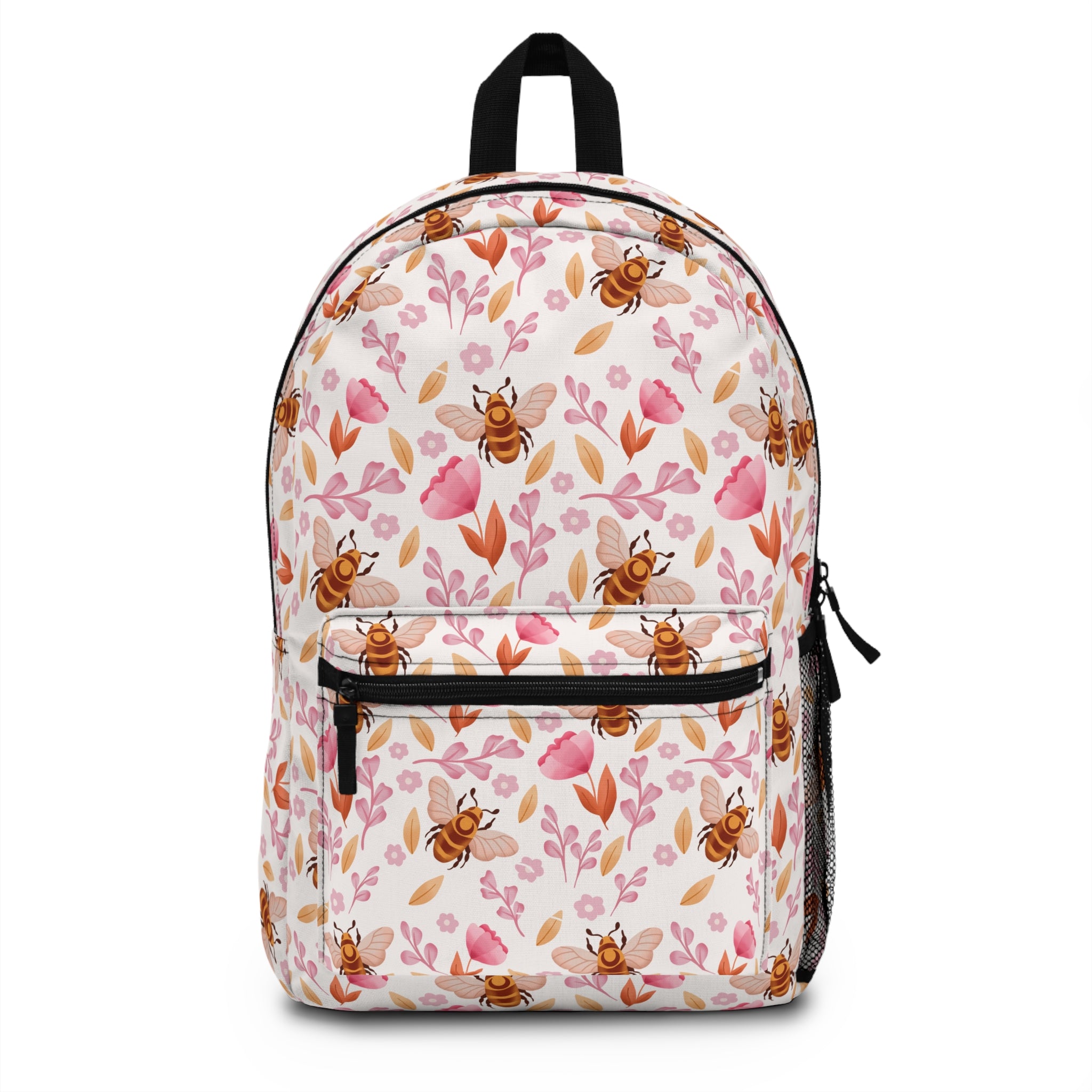 Bee Floral Backpack — Cute Pink Bees & Leaves School Bag