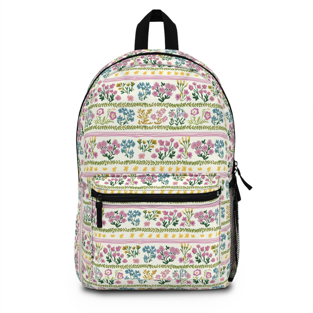 Floral Stripe Backpack — Vintage Botanical Print School & Travel Bag