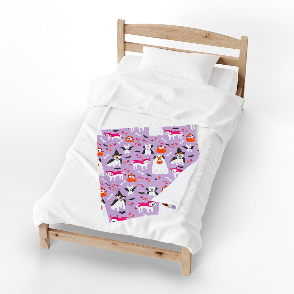 Halloween Dogs Velveteen Plush Blanket — Cute Costume Pups on Purple