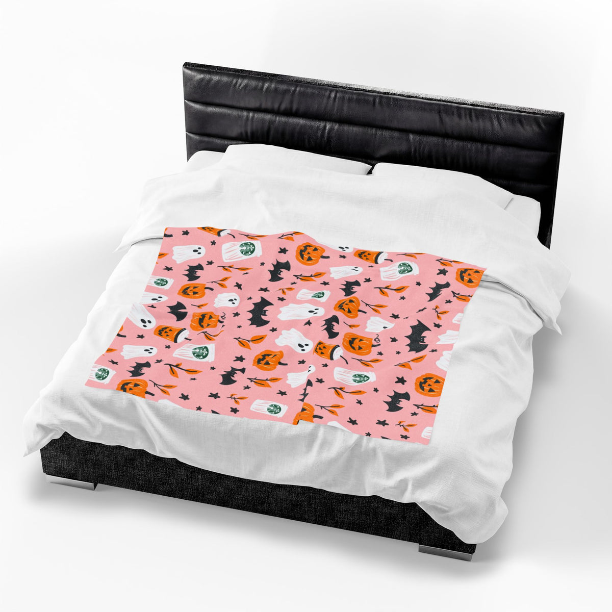 Pink Halloween Plush Blanket — Cute Ghosts, Pumpkins & Coffee Pattern