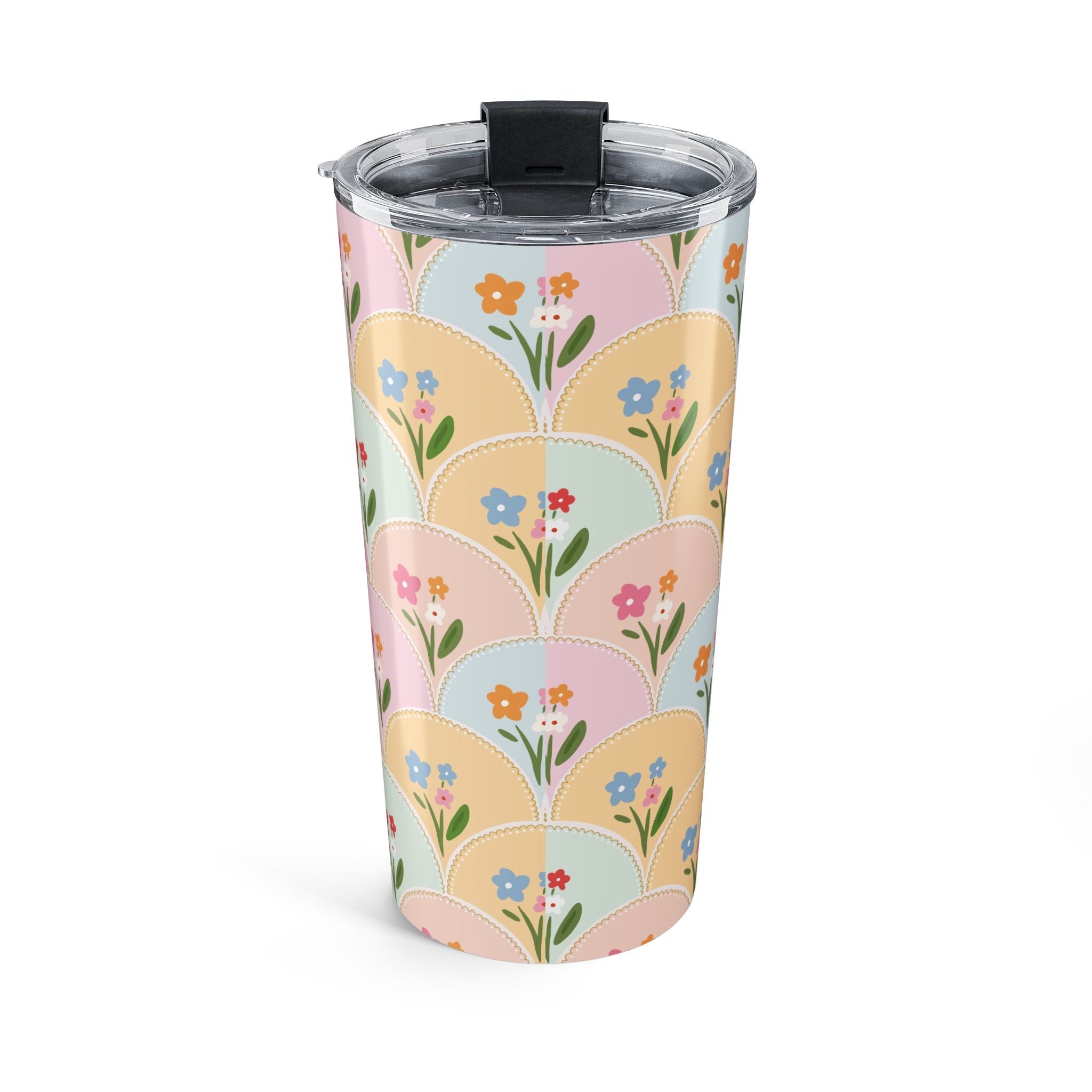 Floral Scallop 20oz Tumbler — Pastel Vintage Flower Pattern Travel Mug