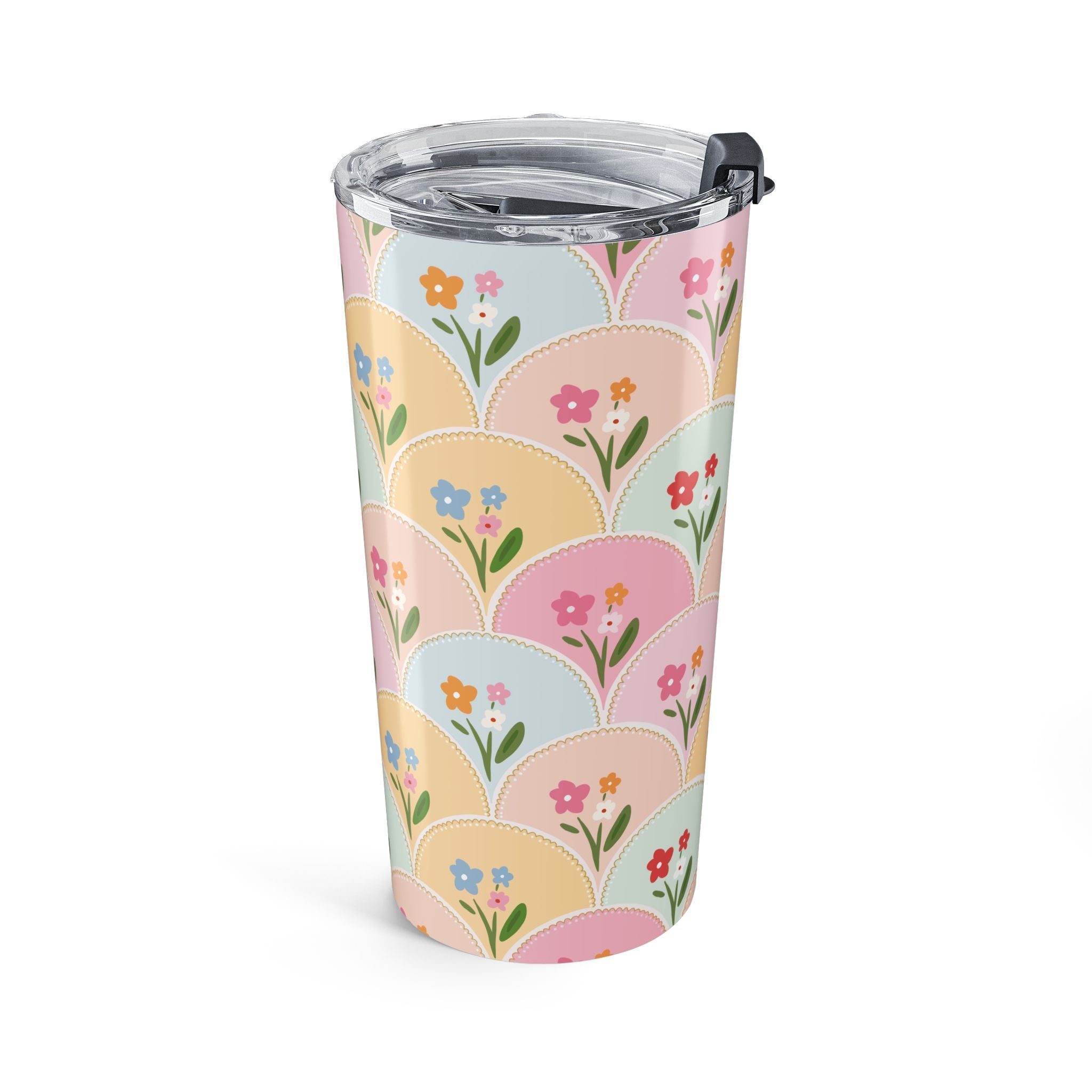 Floral Scallop 20oz Tumbler — Pastel Vintage Flower Pattern Travel Mug