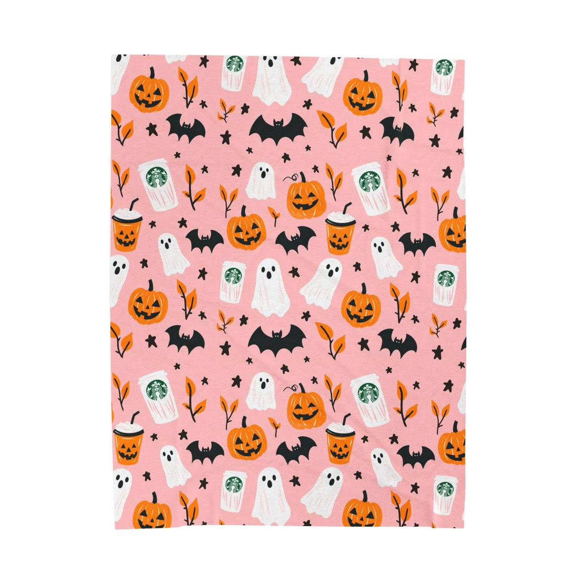 Pink Halloween Plush Blanket — Cute Ghosts, Pumpkins & Coffee Pattern
