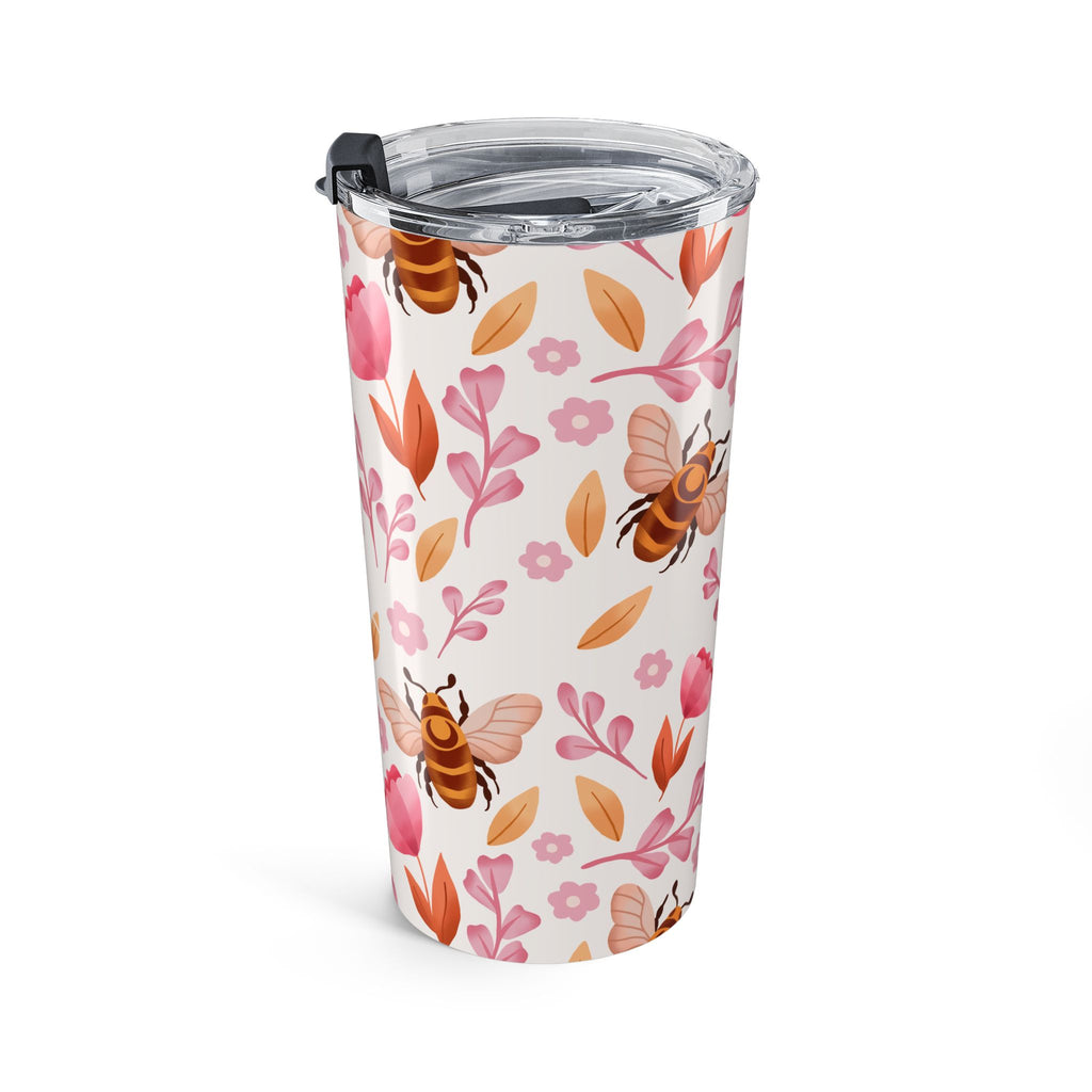 Bee & Floral 20oz Tumbler — Insulated Drink Cup with Pink Flowers