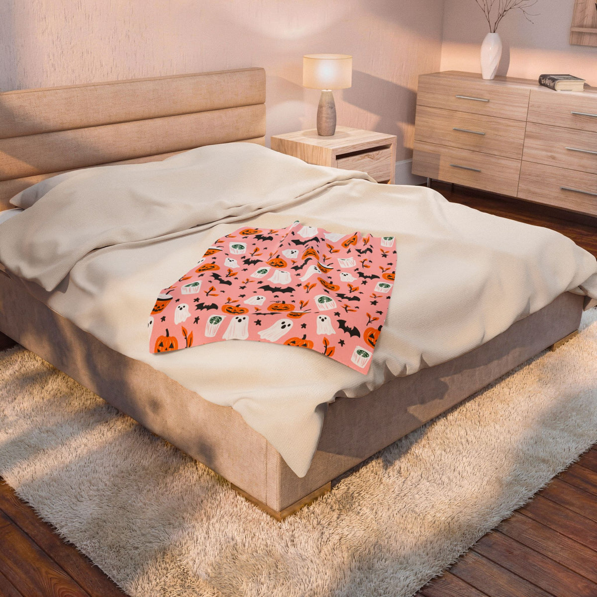 Pink Halloween Plush Blanket — Cute Ghosts, Pumpkins & Coffee Pattern