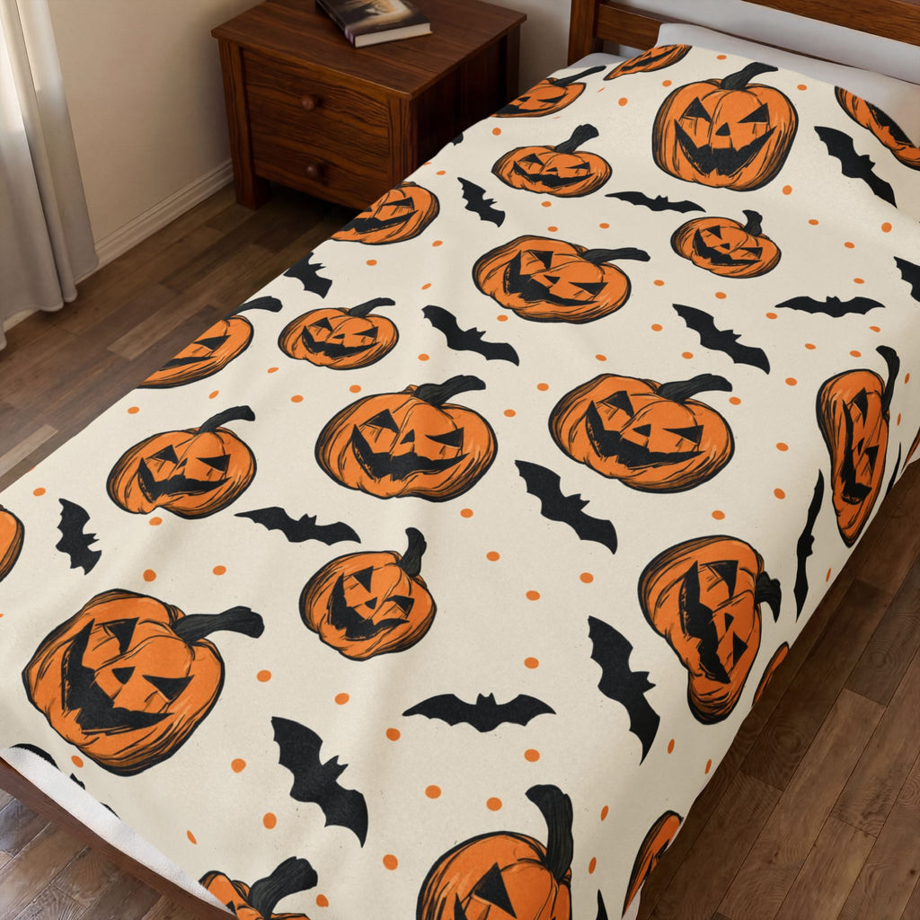 Halloween Jack-O'-Lantern Velveteen Plush Blanket — Cozy Pumpkin & Bats Throw