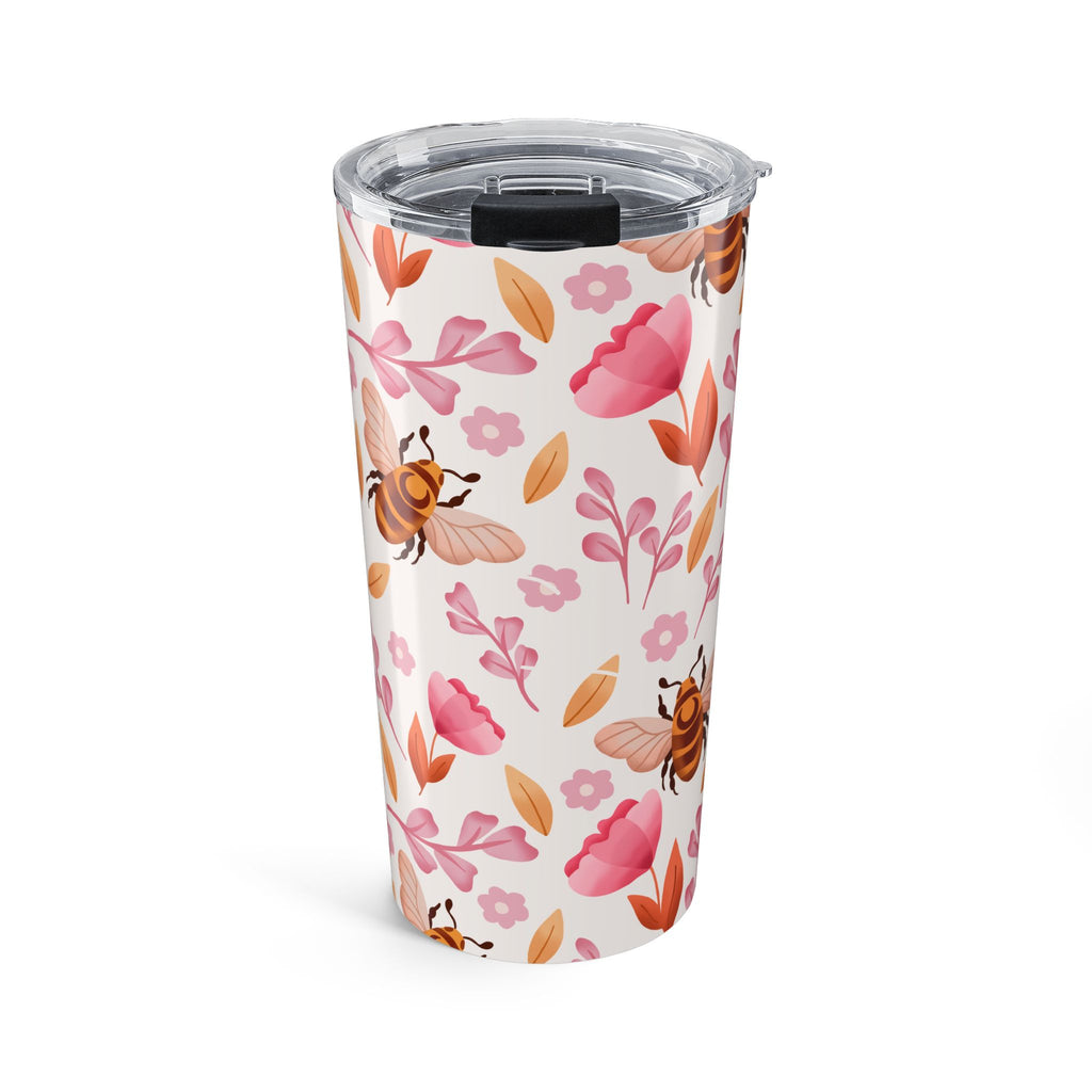 Bee & Floral 20oz Tumbler — Insulated Drink Cup with Pink Flowers