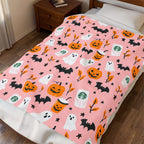 Pink Halloween Plush Blanket — Cute Ghosts, Pumpkins & Coffee Pattern