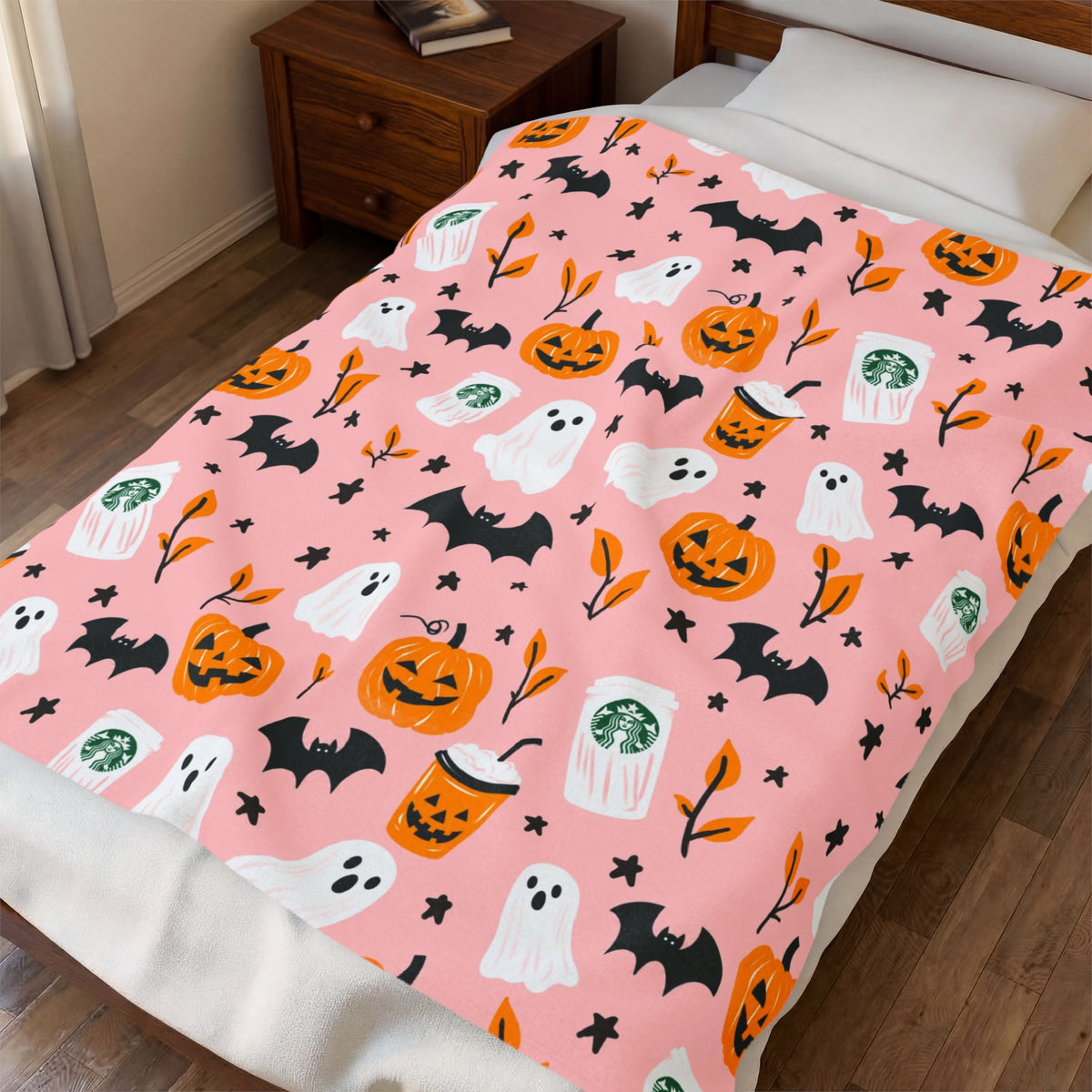 Pink Halloween Plush Blanket — Cute Ghosts, Pumpkins & Coffee Pattern
