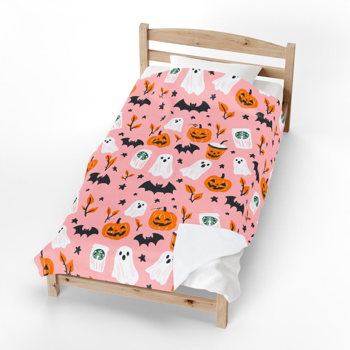 Pink Halloween Plush Blanket — Cute Ghosts, Pumpkins & Coffee Pattern