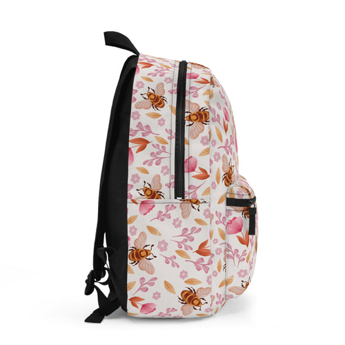 Bee Floral Backpack — Cute Pink Bees & Leaves School Bag