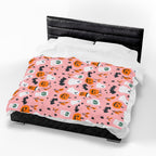 Pink Halloween Plush Blanket — Cute Ghosts, Pumpkins & Coffee Pattern