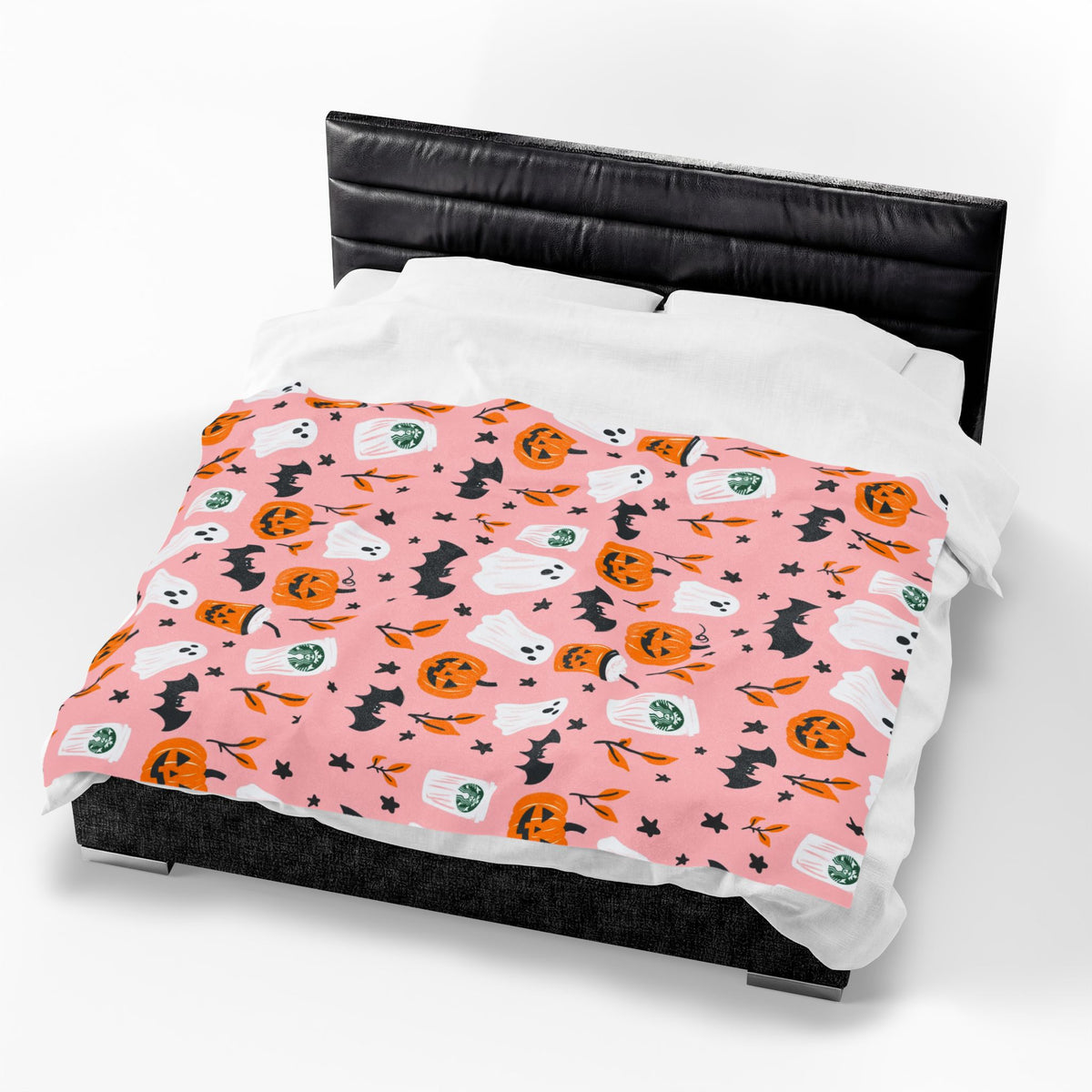 Pink Halloween Plush Blanket — Cute Ghosts, Pumpkins & Coffee Pattern