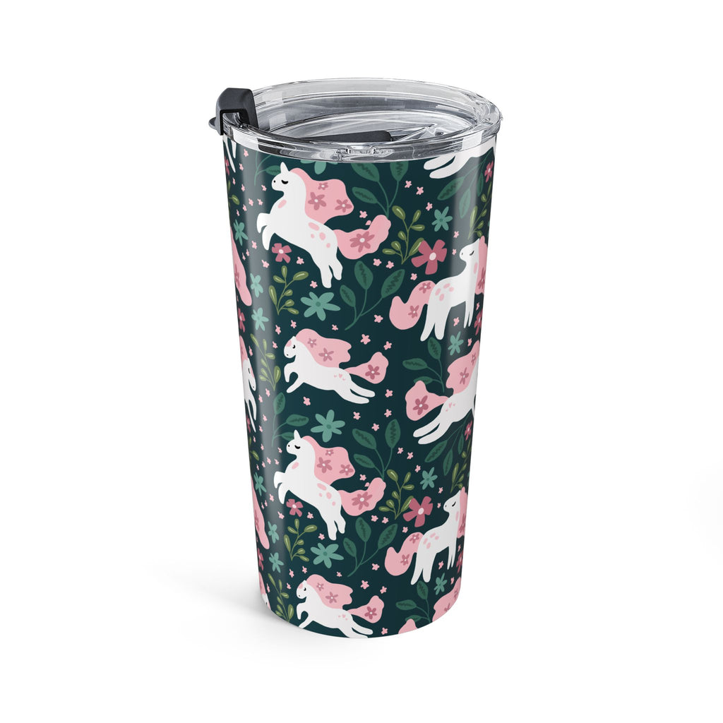 Unicorn Floral 20oz Tumbler — Cute Pink Unicorns on Dark Green