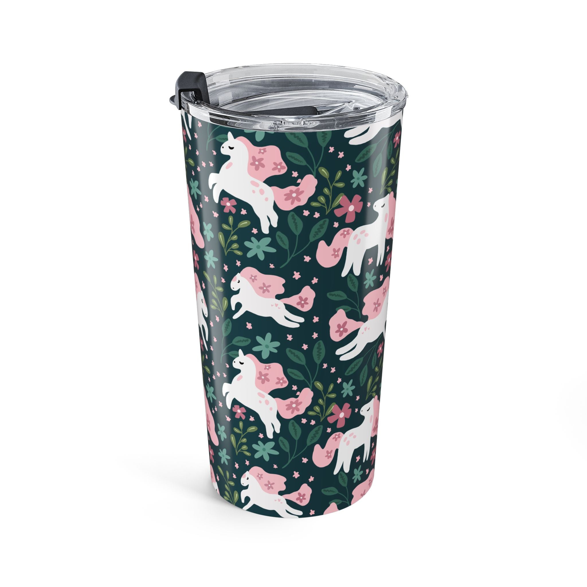 Unicorn Floral 20oz Tumbler — Cute Pink Unicorns on Dark Green