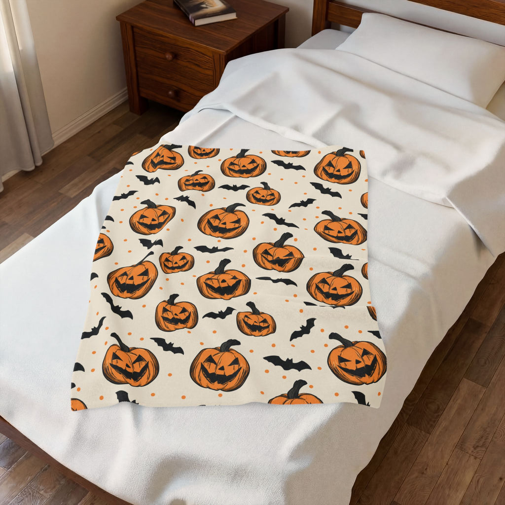 Halloween Jack-O'-Lantern Velveteen Plush Blanket — Cozy Pumpkin & Bats Throw