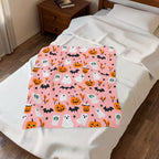 Pink Halloween Plush Blanket — Cute Ghosts, Pumpkins & Coffee Pattern