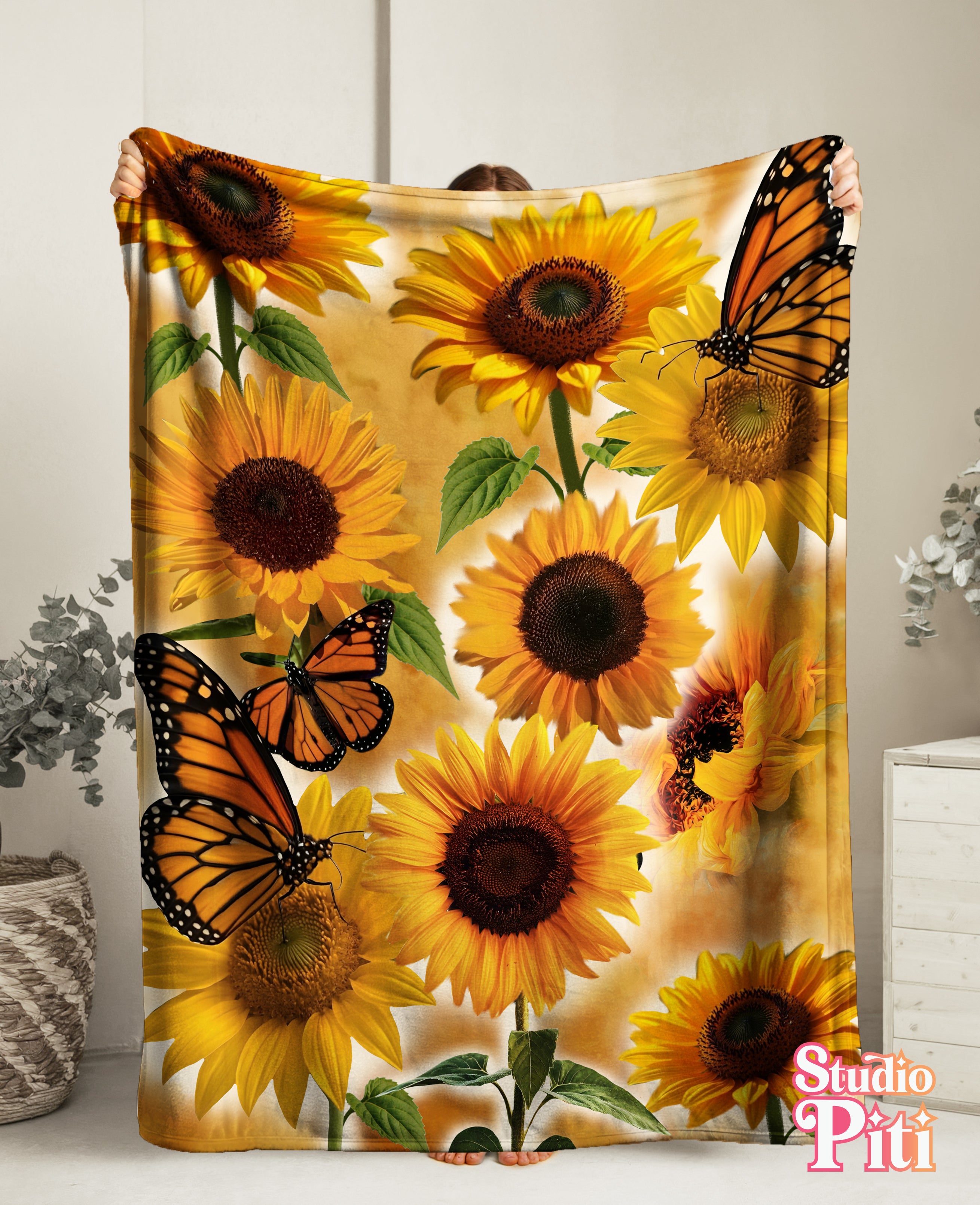 Sunflower & Monarch Velveteen Plush Blanket — Cozy Floral Throw