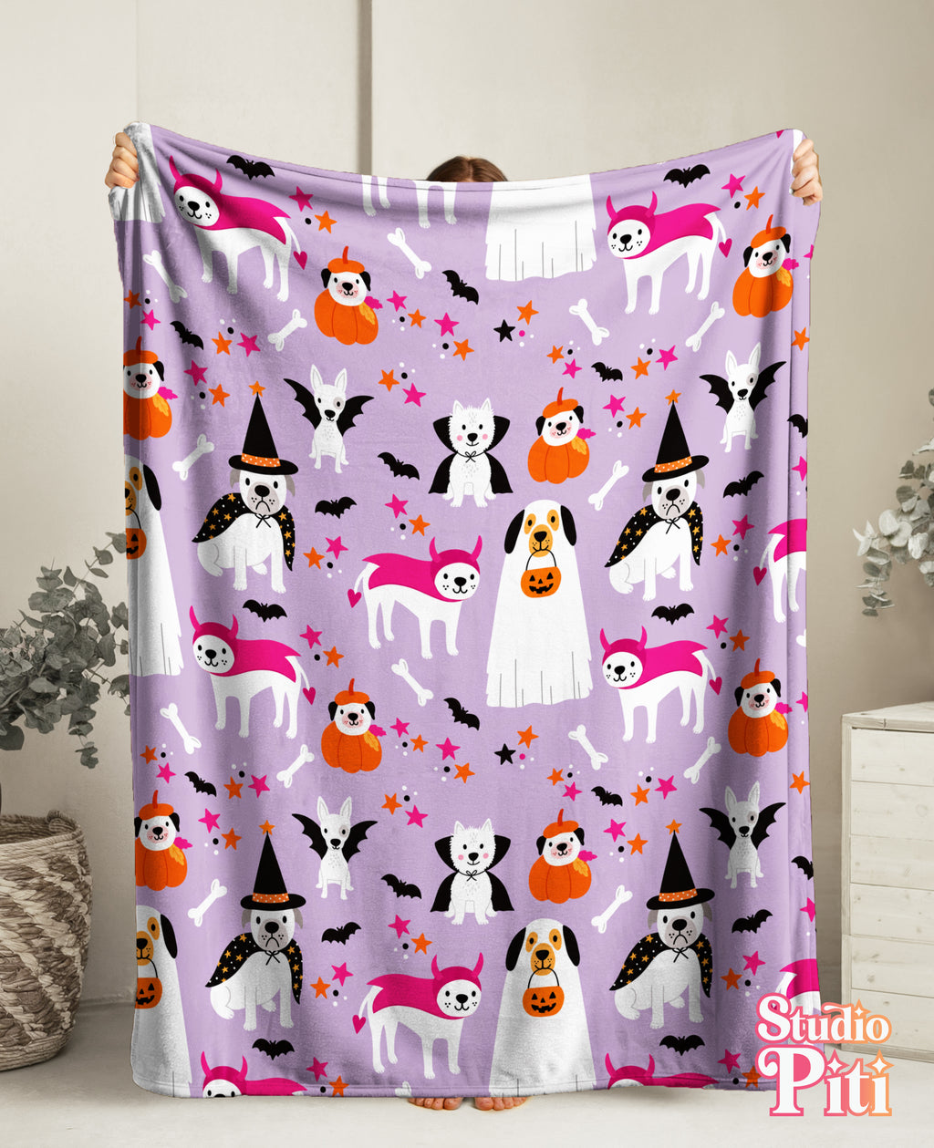 Halloween Dogs Velveteen Plush Blanket — Cute Costume Pups on Purple