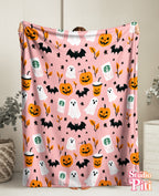 Pink Halloween Plush Blanket — Cute Ghosts, Pumpkins & Coffee Pattern