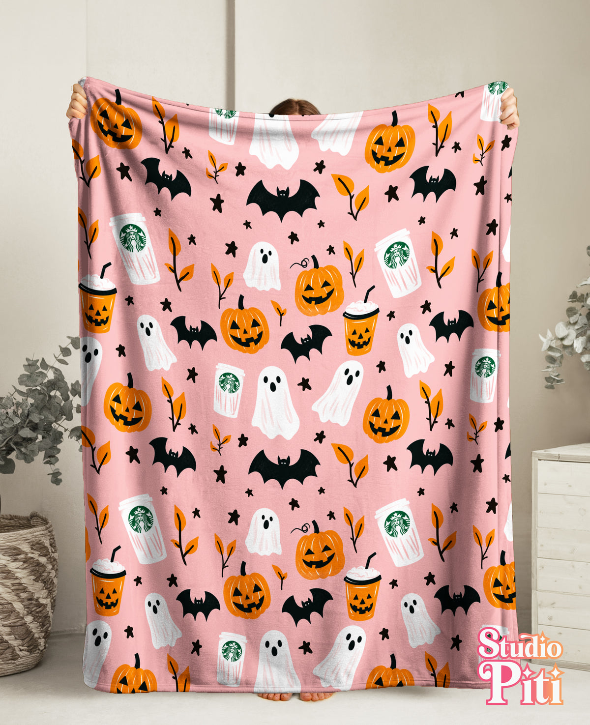 Pink Halloween Plush Blanket — Cute Ghosts, Pumpkins & Coffee Pattern