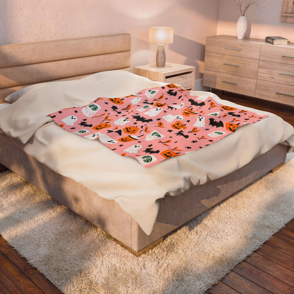 Pink Halloween Plush Blanket — Cute Ghosts, Pumpkins & Coffee Pattern