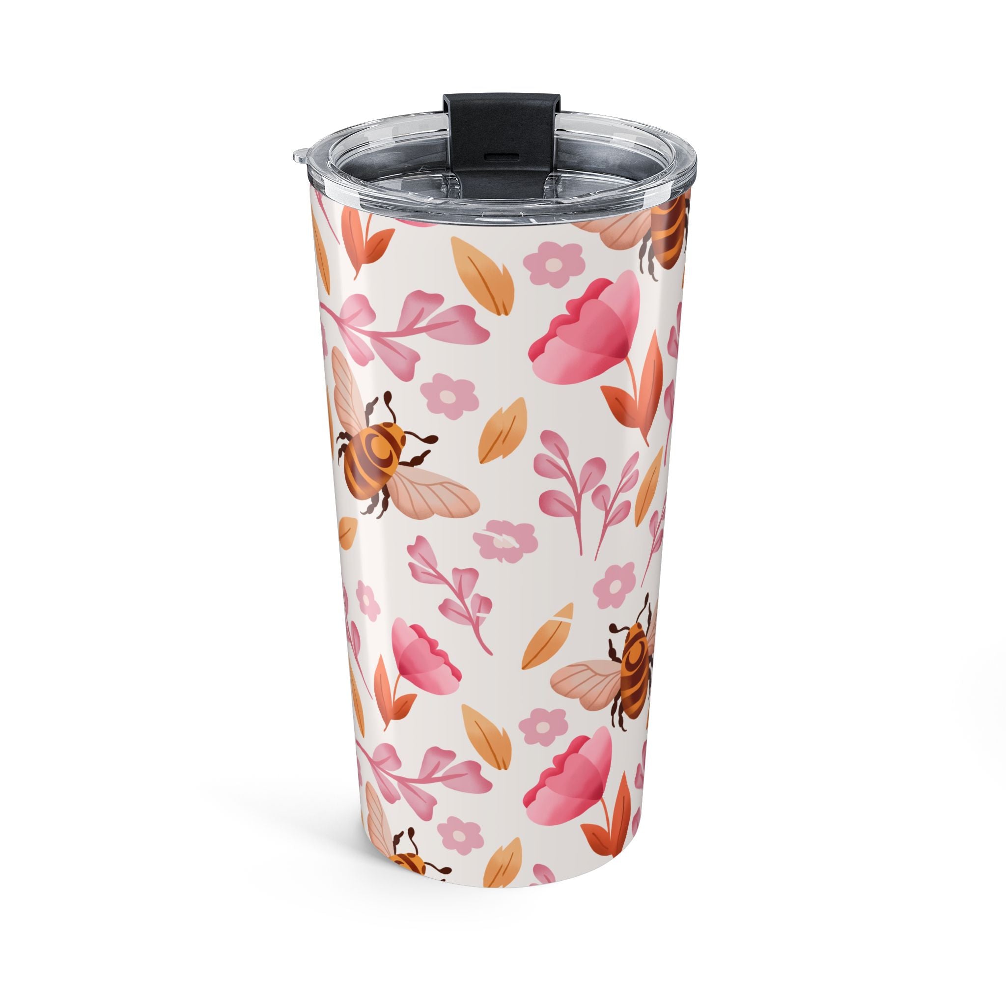 Bee & Floral 20oz Tumbler — Insulated Drink Cup with Pink Flowers