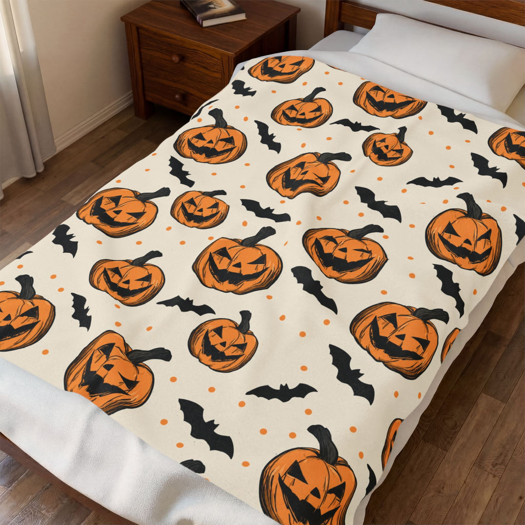 Halloween Jack-O'-Lantern Velveteen Plush Blanket — Cozy Pumpkin & Bats Throw