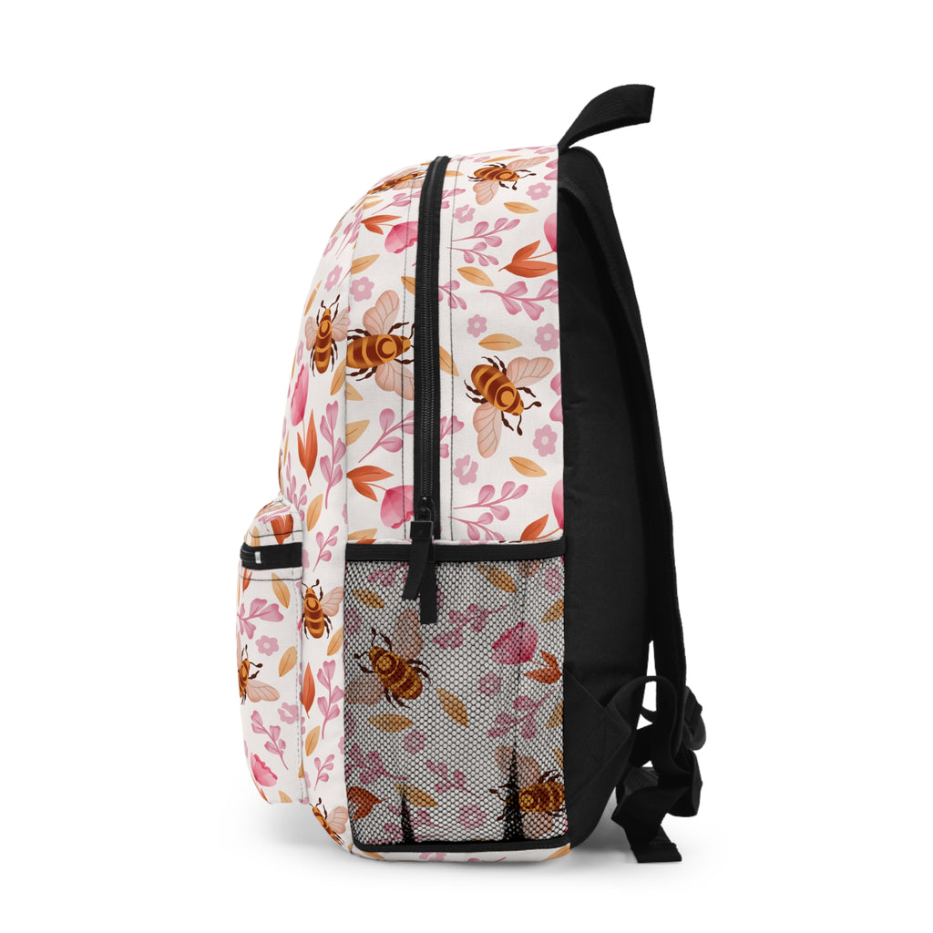 Bee Floral Backpack — Cute Pink Bees & Leaves School Bag