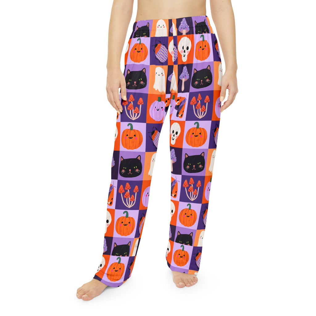 Halloween Patchwork Pajama Pants — Cute Pumpkins, Ghosts & Black Cat Print