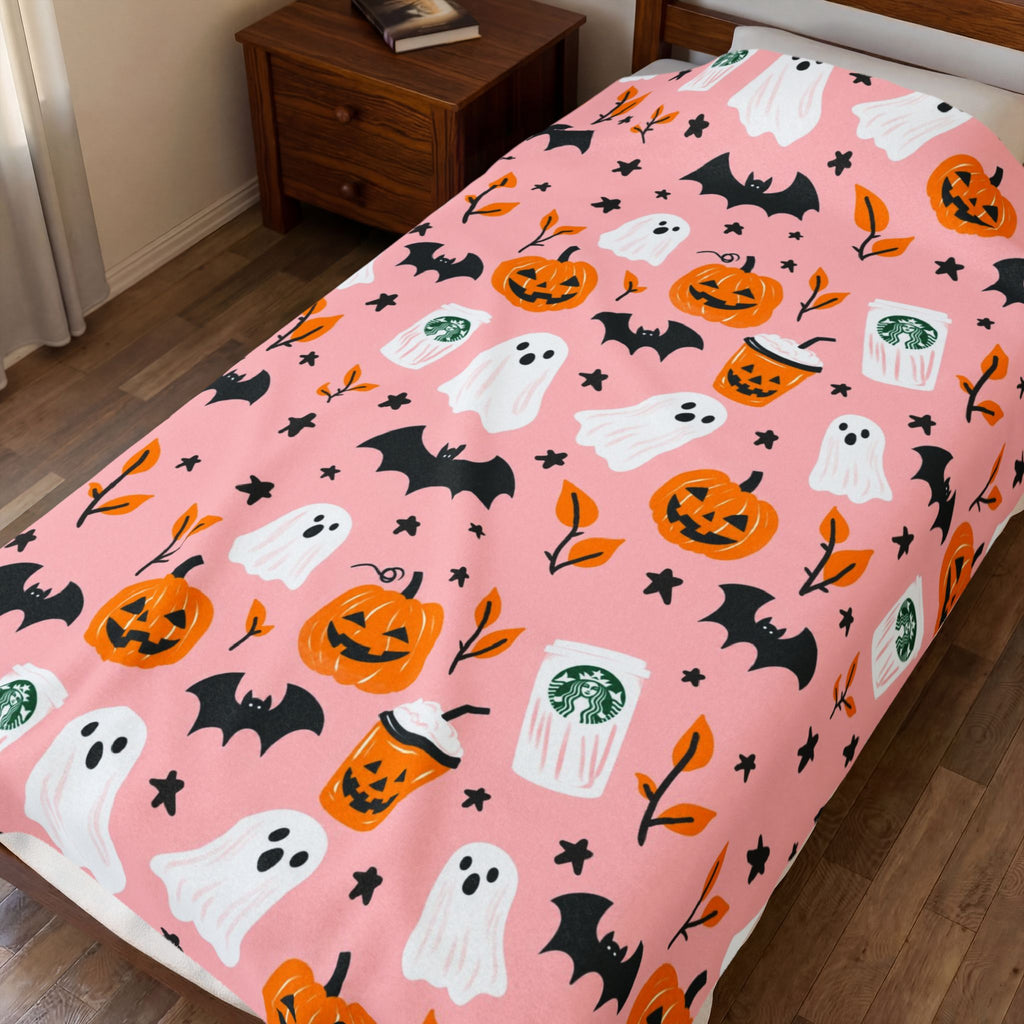 Pink Halloween Plush Blanket — Cute Ghosts, Pumpkins & Coffee Pattern