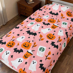 Pink Halloween Plush Blanket — Cute Ghosts, Pumpkins & Coffee Pattern