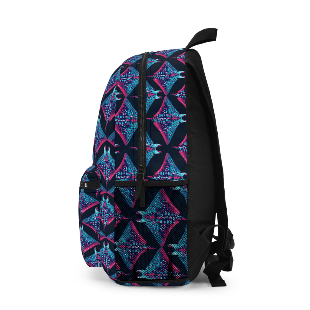 Geometric Neon Star Backpack — Blue & Purple Patterned School Bag