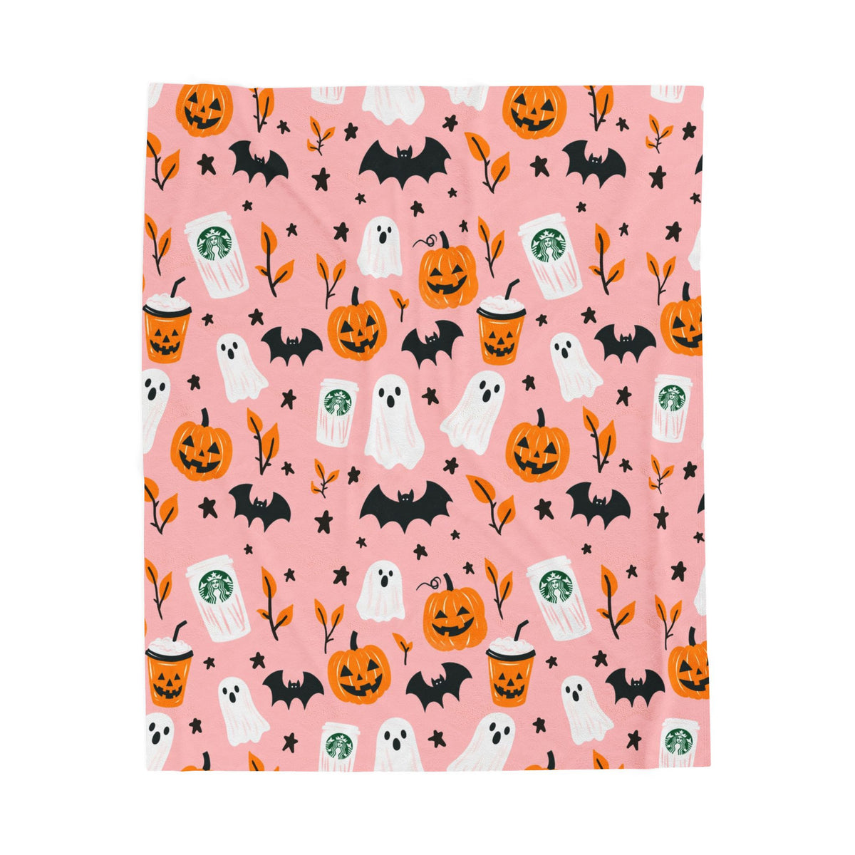 Pink Halloween Plush Blanket — Cute Ghosts, Pumpkins & Coffee Pattern