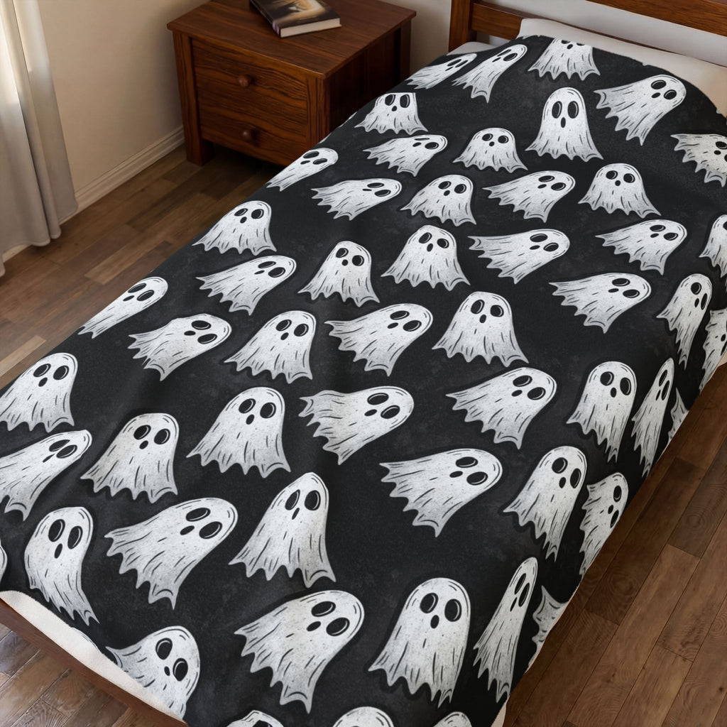 Ghost Pattern Velveteen Plush Blanket — Soft Halloween Throw for Cozy Nights