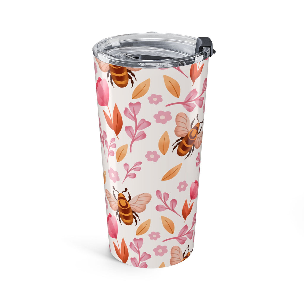 Bee & Floral 20oz Tumbler — Insulated Drink Cup with Pink Flowers