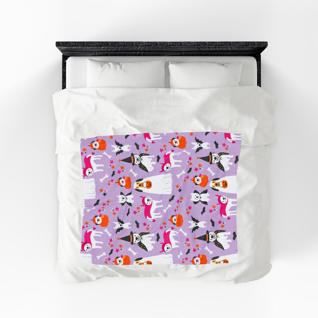 Halloween Dogs Velveteen Plush Blanket — Cute Costume Pups on Purple