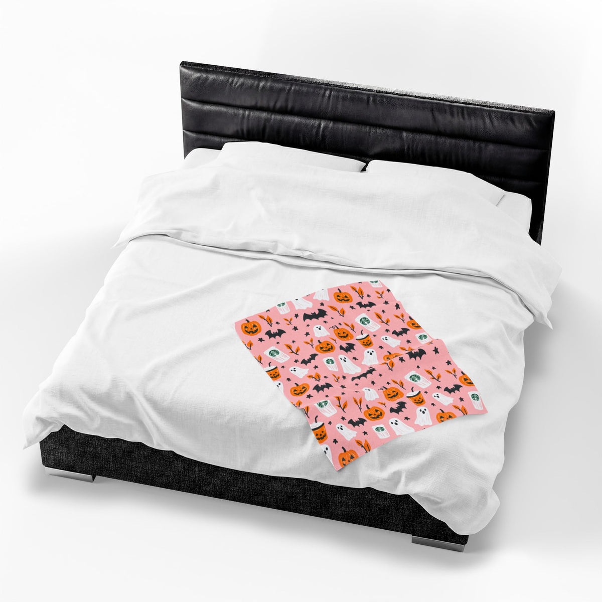 Pink Halloween Plush Blanket — Cute Ghosts, Pumpkins & Coffee Pattern