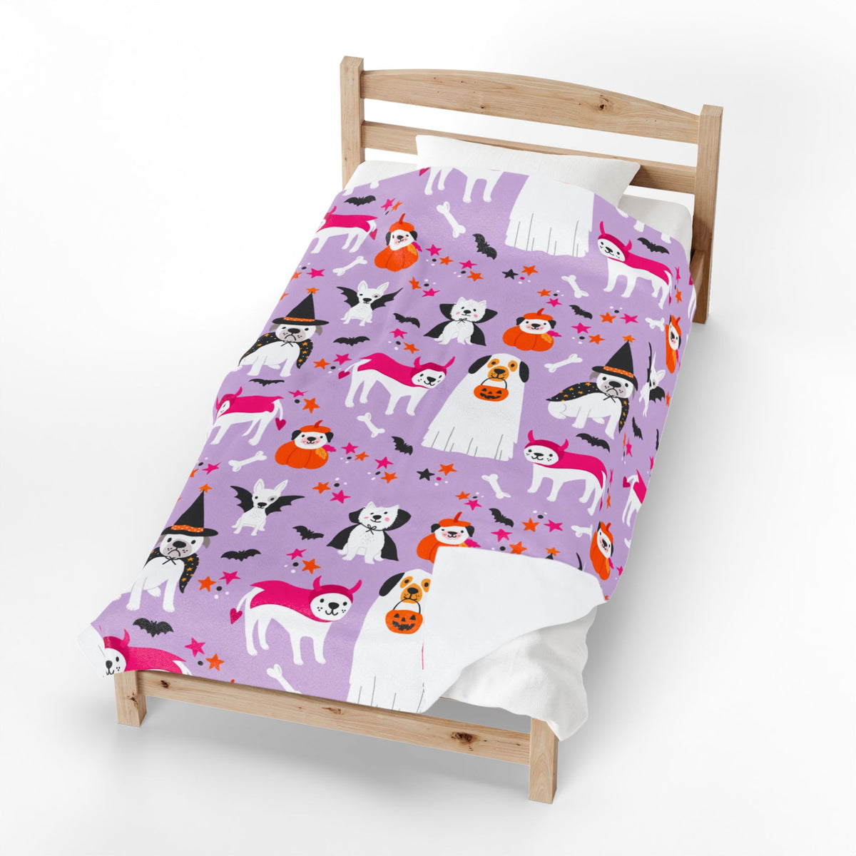 Halloween Dogs Velveteen Plush Blanket — Cute Costume Pups on Purple