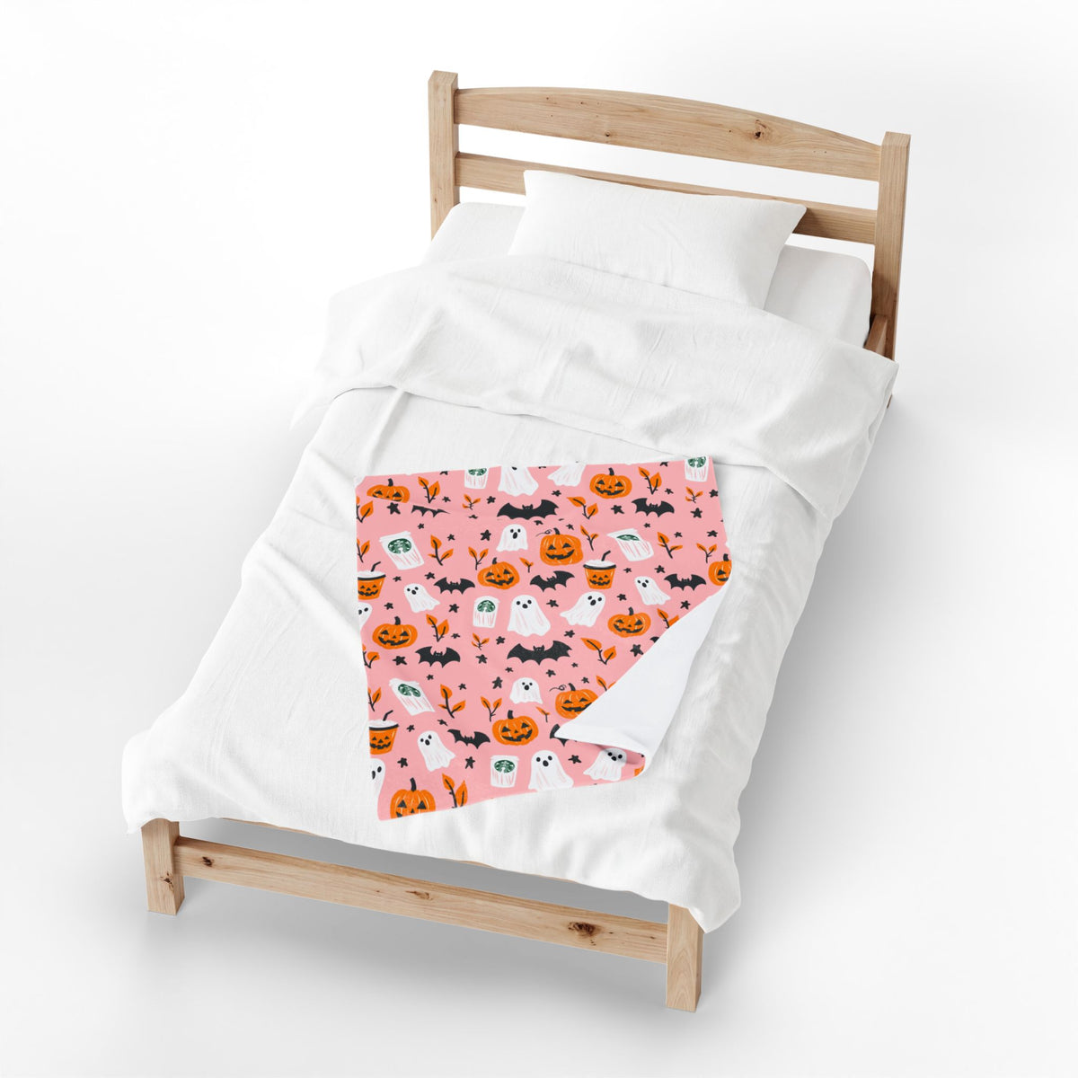 Pink Halloween Plush Blanket — Cute Ghosts, Pumpkins & Coffee Pattern