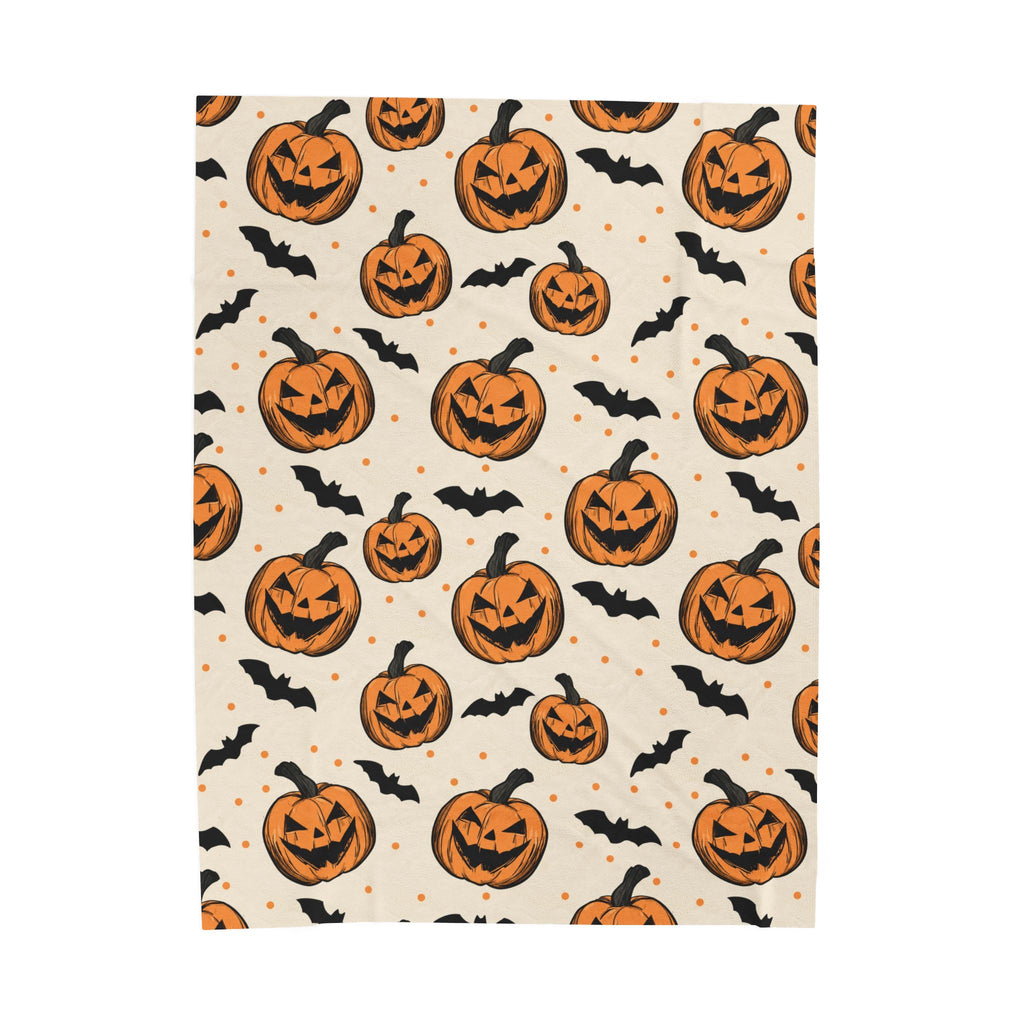 Halloween Jack-O'-Lantern Velveteen Plush Blanket — Cozy Pumpkin & Bats Throw