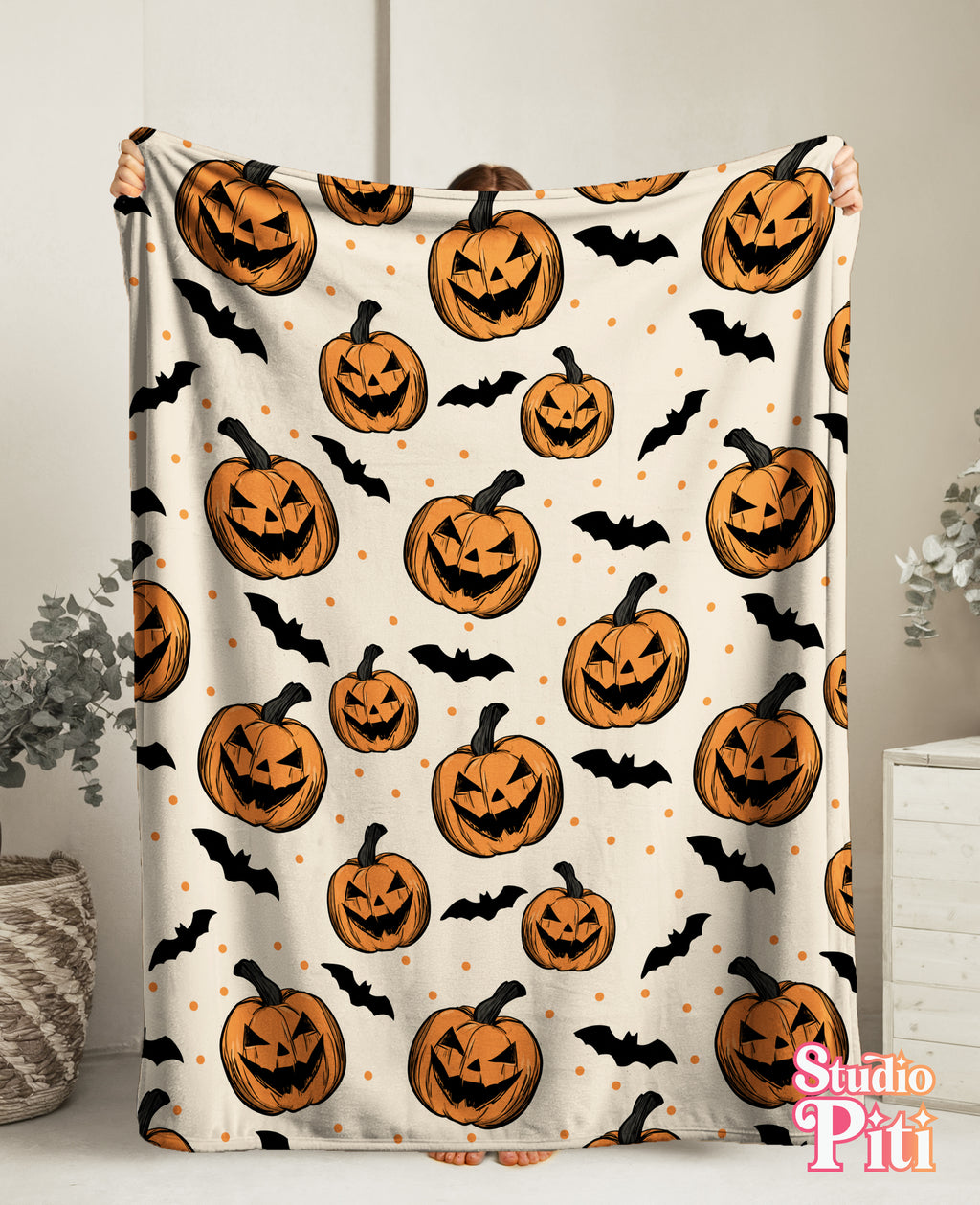 Halloween Jack-O'-Lantern Velveteen Plush Blanket — Cozy Pumpkin & Bats Throw