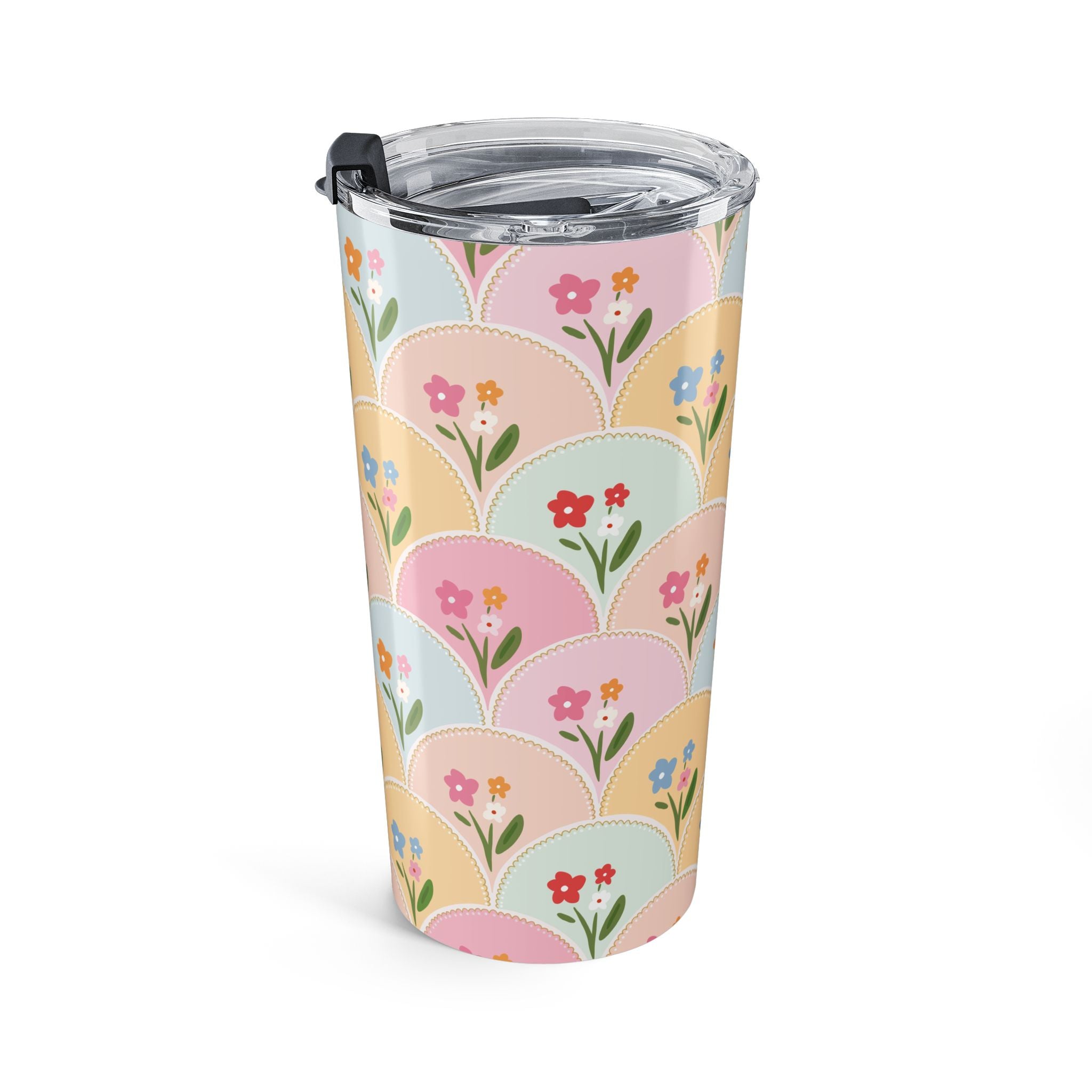 Floral Scallop 20oz Tumbler — Pastel Vintage Flower Pattern Travel Mug
