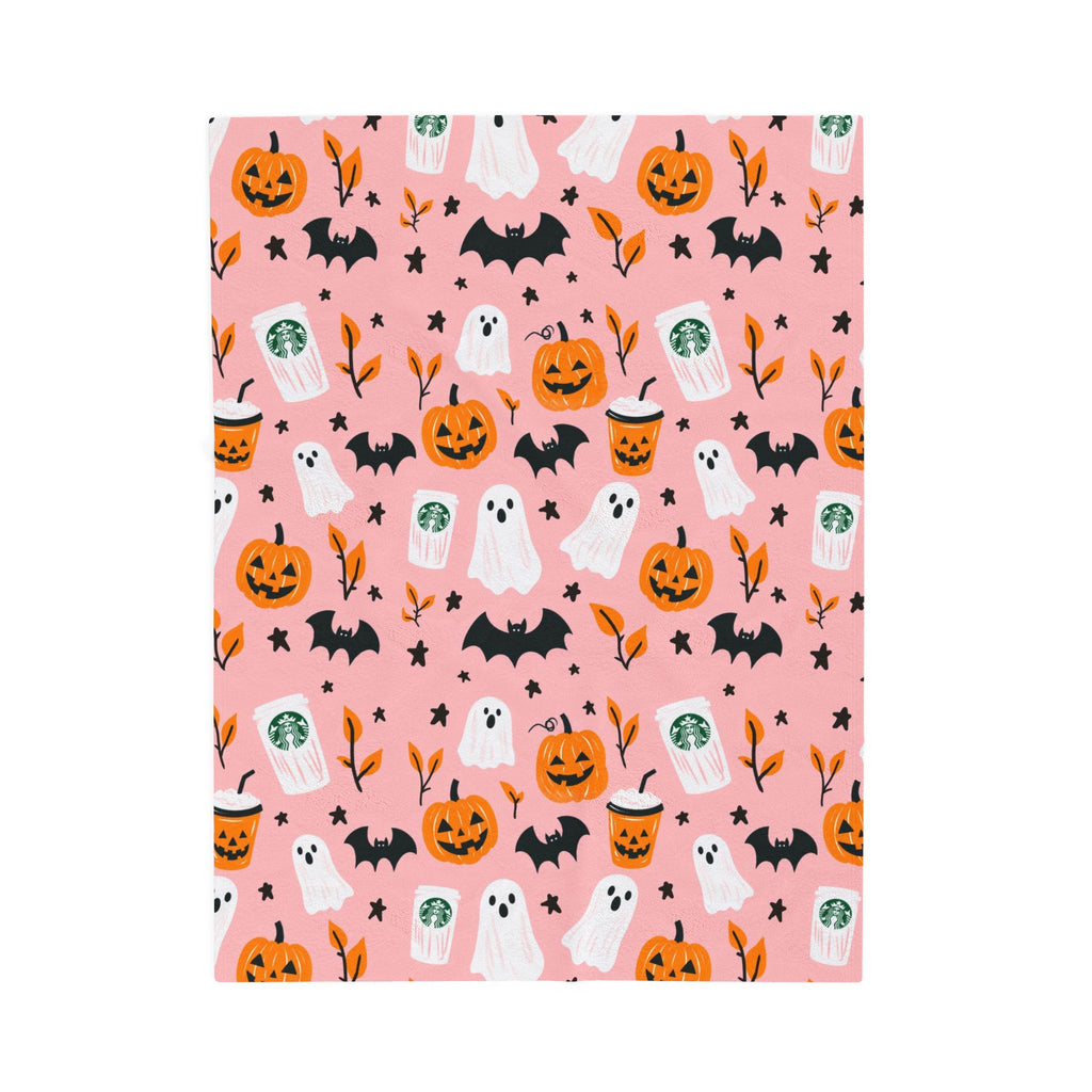 Pink Halloween Plush Blanket — Cute Ghosts, Pumpkins & Coffee Pattern