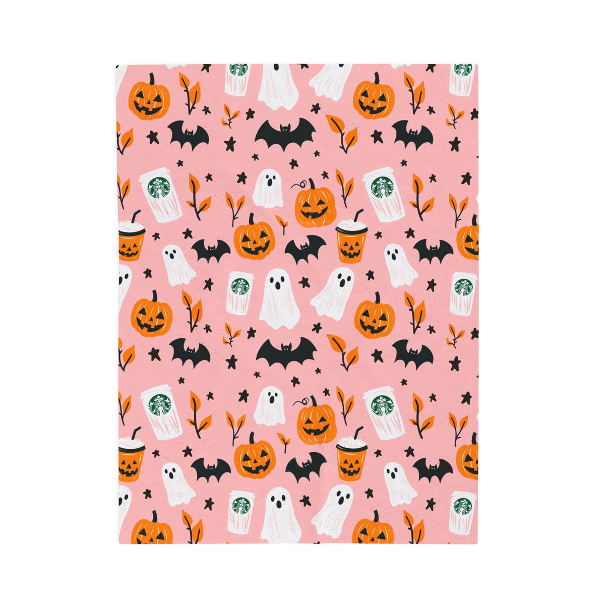 Pink Halloween Plush Blanket — Cute Ghosts, Pumpkins & Coffee Pattern
