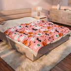 Pink Halloween Plush Blanket — Cute Ghosts, Pumpkins & Coffee Pattern