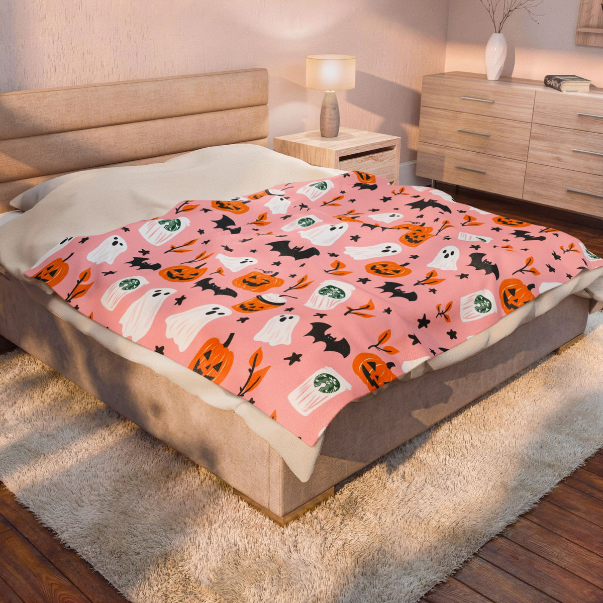 Pink Halloween Plush Blanket — Cute Ghosts, Pumpkins & Coffee Pattern