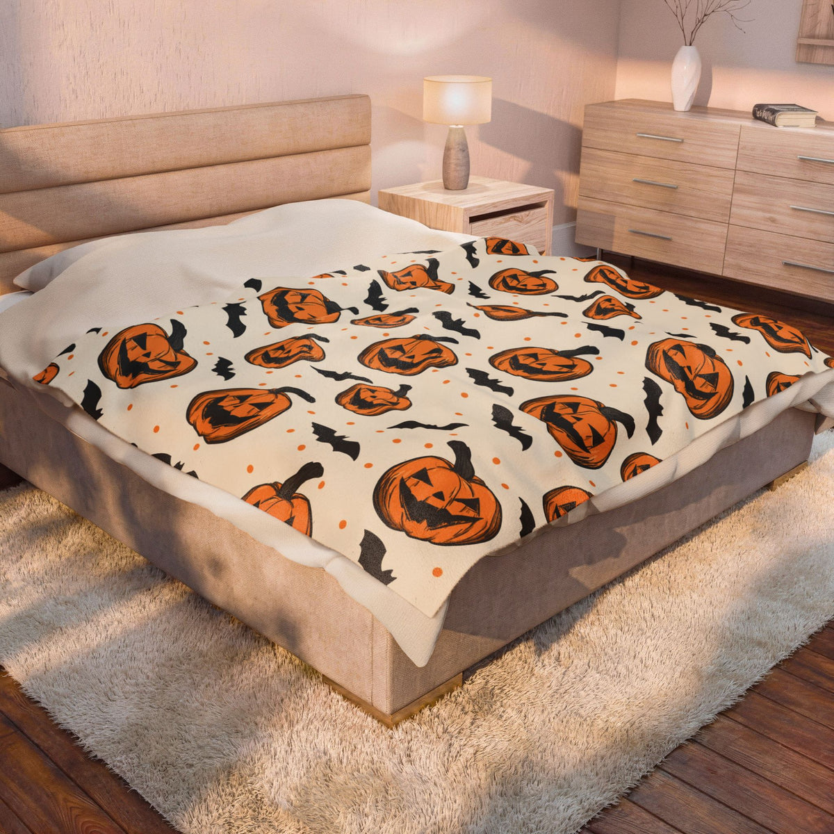 Halloween Jack-O'-Lantern Velveteen Plush Blanket — Cozy Pumpkin & Bats Throw
