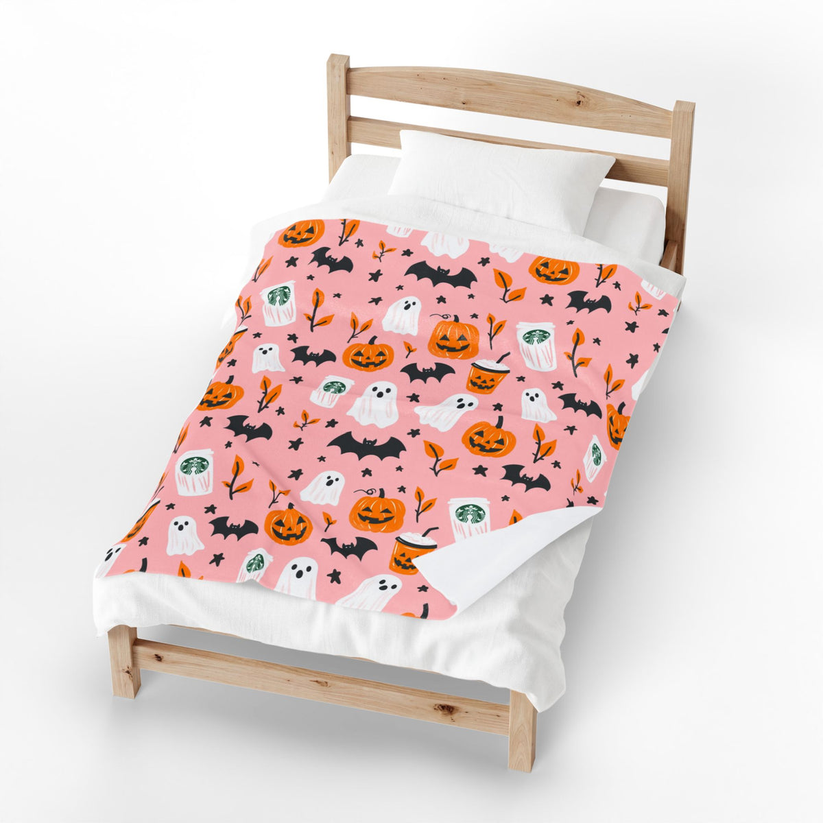 Pink Halloween Plush Blanket — Cute Ghosts, Pumpkins & Coffee Pattern